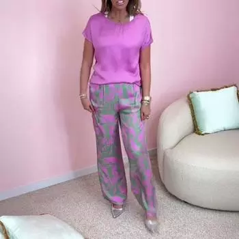 Женский комплект из двух предметов с принтом «бохо», повседневный топ с круглым вырезом и короткими рукавами, широкие брюки, летний комплект для дома M зелёный