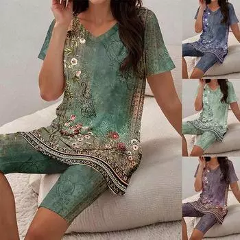 Женский комплект из двух предметов с V-образным вырезом и коротким рукавом, летний повседневный домашний удобный топ и шорты S