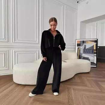 Женский комплект из двух предметов, свободные повседневные брюки с длинным рукавом и застежкой-молнией на кармане S небесно-голубой