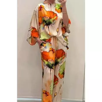 Женский комплект из двух предметов: свободный топ с круглым вырезом и рукавами «летучая мышь» из атласа с принтом и брюки 3XL чёрный