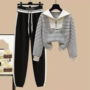 Женский комплект из двух предметов: толстовка с длинными рукавами в полоску + повседневные брюки на весну и осень 3XL