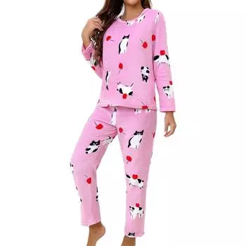Женский комплект из двух предметов: топ с круглым вырезом и длинными рукавами, брюки на резинке, пижамный комплект, костюм для отдыха L розовый