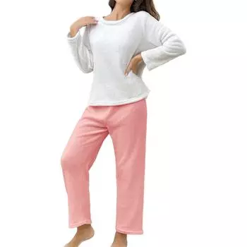 Женский комплект из двух предметов: топ с круглым вырезом и длинными рукавами, брюки на резинке, пижамный комплект, костюм для отдыха L розовый