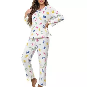 Женский комплект из двух предметов: топ с круглым вырезом и длинными рукавами, брюки на резинке, пижамный комплект, костюм для отдыха L белый