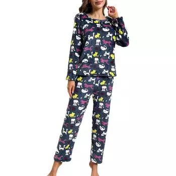 Женский комплект из двух предметов: топ с круглым вырезом и длинными рукавами, брюки на резинке, пижамный комплект, костюм для отдыха L тёмно-синий