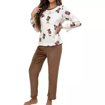 Женский комплект из двух предметов: топ с круглым вырезом и длинными рукавами, брюки на резинке, пижамный комплект, костюм для отдыха L коричневый