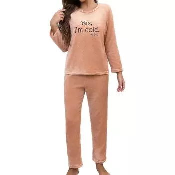 Женский комплект из двух предметов: топ с круглым вырезом и длинными рукавами, брюки на резинке, пижамный комплект, костюм для отдыха L бронзовый