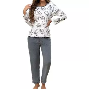 Женский комплект из двух предметов: топ с круглым вырезом и длинными рукавами, брюки на резинке, пижамный комплект, костюм для отдыха L