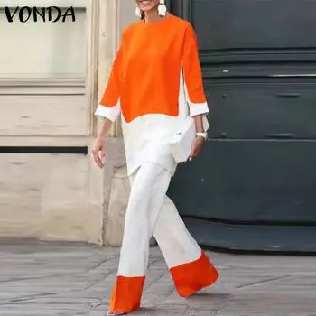Женский комплект из двух предметов VONDA, топ и брюки контрастного цвета с рукавами 3/4 и круглым вырезом в стиле пэчворк S оранжевый