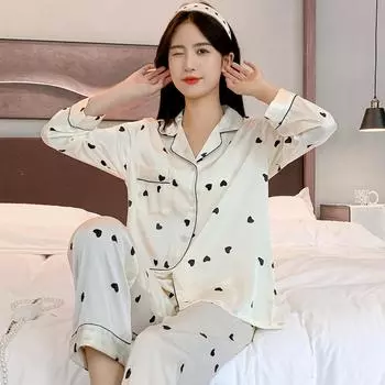 Женский комплект из двух предметов весна-осень, пижама, брюки с длинными рукавами, кардиган с лацканами, домашняя одежда, тонкий свободный с горошком, шелковая домашняя одежда из льда L белый
