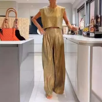 Женский комплект из двух предметов Yousheng, глянцевый костюм с круглым вырезом, без рукавов, укороченный топ, широкие брюки, повседневный свободный наряд для отдыха M розы красного