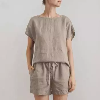 Женский комплект из двух предметов Yousheng, летний комплект из хлопка и льна, повседневный короткий костюм с круглым вырезом и талией на шнурке для домашней одежды M дубильная кора