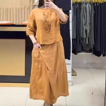 Женский комплект из двух предметов, женский летний комплект из льна, топ с коротким рукавом, юбка миди, элегантный комплект из двух предметов для отдыха для женщин 4XL светло-синий