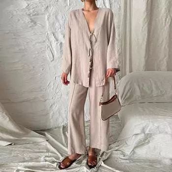Женский комплект из хлопка большого размера из двух частей: топ с бантом на шнуровке, V-образным вырезом, длинными рукавами и широкими брюками, однотонный повседневный костюм на осень S