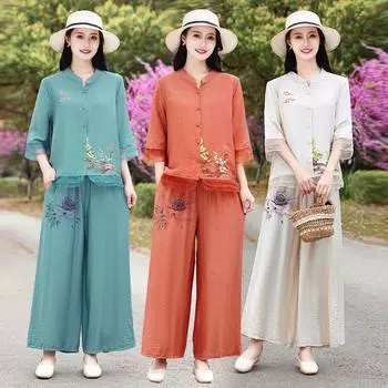 Женский комплект из хлопка и конопли, большой размер, летний топ с короткими рукавами, ретро-принт, многоцветная женская одежда XXXXXL синий