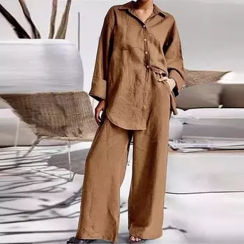 Женский комплект из хлопка и конопли, однотонная рубашка с воротником и высокой талией, широкие брюки, элегантный комплект из двух предметов XS зелёный