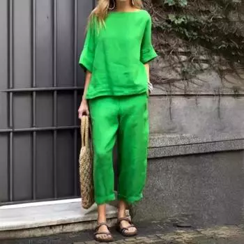 Женский комплект из хлопка и льна, весенне-летний однотонный повседневный топ с круглым вырезом и брюками со средними рукавами, комплект из 2 предметов L чёрный