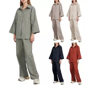 Женский комплект из хлопка и льна, модная рубашка с темпераментом, комплект из двух предметов L армия зеленый