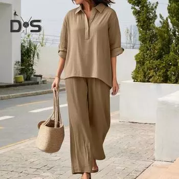 Женский комплект из хлопка и льна, повседневный топ с V-образным вырезом и короткими рукавами, широкие брюки, летние свободные наряды для отдыха M вино красного