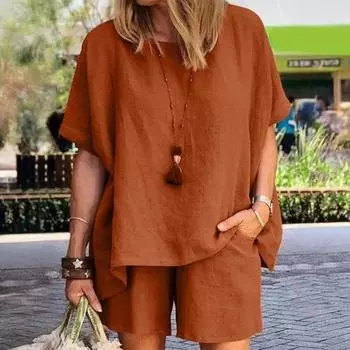 Женский комплект из хлопка и льна, состоящий из 2 предметов: свитер с короткими рукавами, круглым вырезом, топом и шортами с карманами, летняя повседневная домашняя одежда, спортивный костюм 2XL чёрный