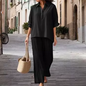 Женский комплект из хлопка и льна Yousheng, повседневный топ с V-образным вырезом и короткими рукавами, широкие брюки, летние свободные наряды для отдыха M вино красного