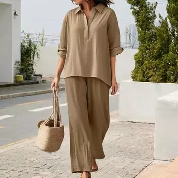 Женский комплект из хлопка и льна, повседневный топ с V-образным вырезом и короткими рукавами, широкие брюки, летние свободные наряды для отдыха M серый