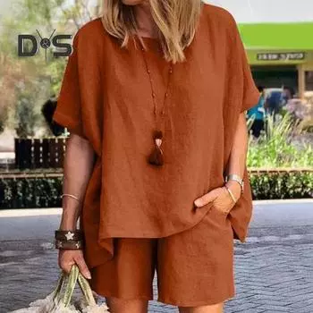 Женский комплект из хлопка и льна, состоящий из 2 предметов: свитер с короткими рукавами, круглым вырезом, топом и шортами с карманами, летняя повседневная домашняя одежда, спортивный костюм XL абрикосовый