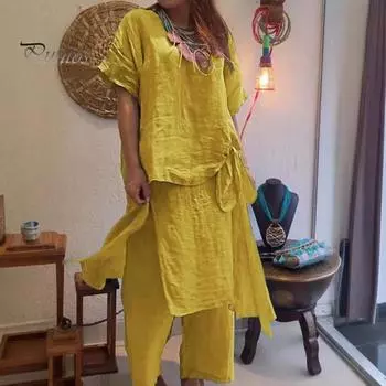 Женский комплект из хлопка и льна, состоящий из двух предметов: короткий рукав, круглый вырез, завязка по бокам, верх и широкие брюки, повседневный комплект для отдыха S светло-синий