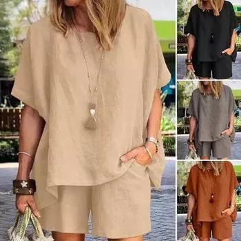 Женский комплект из хлопка и льна, состоящий из 2 предметов: свитер с короткими рукавами, круглым вырезом, топом и шортами с карманами, летняя повседневная домашняя одежда, спортивный костюм 3XL абрикосовый