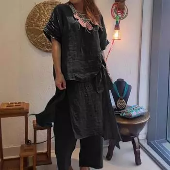 Женский комплект из хлопка и льна, состоящий из двух предметов: короткий рукав, круглый вырез, завязка по бокам, верх и широкие брюки, повседневный комплект для отдыха S чёрный