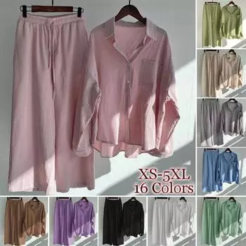 Женский комплект из хлопковой льняной рубашки, модная рубашка с длинным рукавом и широкие брюки с высокой талией, комплект из 2 предметов, повседневный элегантный однотонный комплект XXXXXL