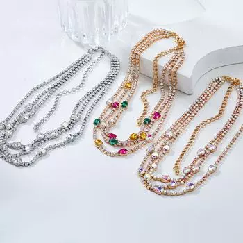 Женский комплект из каплевидных серег и ожерелья в европейском и американском стиле 2024 года: Многослойные вечерние аксессуары из полных бриллиантов