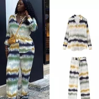 Женский комплект из летней рубашки с принтом тай-дай и прямых брюк 2023 года Small
