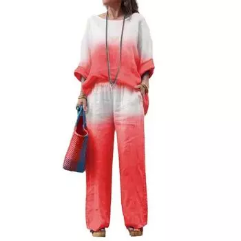 Женский комплект из модного хлопка и льна с градиентом, топ с длинными рукавами и круглым вырезом и прямые брюки, комплект из двух предметов L чёрный