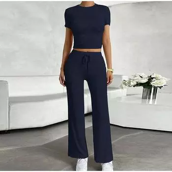 Женский комплект из облегающего топа и брюк на завязках, короткий костюм с О-образным вырезом и прямыми брюками, женский летний модный повседневный стильный наряд S серый