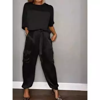 Женский комплект из однотонной глянцевой атласной футболки с рукавом три четверти и поясом и длинных брюк 4XL абрикосовый