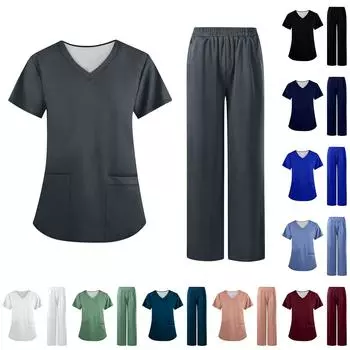 Женский комплект из однотонной ткани с V-образным вырезом и карманами, короткими рукавами, рабочая одежда L чёрный