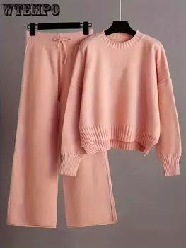 Женский комплект из однотонных трикотажных брюк: Свитер с длинными рукавами и круглым вырезом и широкие брюки One Size