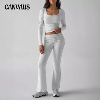 Женский комплект из осенне-зимнего повседневного облегающего топа с U-образным вырезом и длинными рукавами и микробрюк Y2K S серый