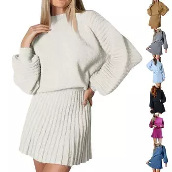 Женский комплект из плиссированной трикотажной юбки, комплект из 2 предметов, топ с длинными рукавами, комплект из плиссированной юбки, свитер, спортивный костюм, осенне-зимние наряды L бежевый