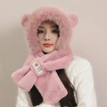 Женский комплект из плюшевой шапки и шарфа с медведем на осень/зиму - теплая защита для ушей и шарф для шеи
