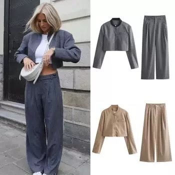 Женский комплект из полосатого пиджака и топа, осенний ретро-женский свободный офисный костюм с высокой талией, брюки со складками и застежкой-молнией, комплект из 2 предметов S