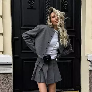 Женский комплект из полосатой юбки, воротник-стойка, однобортный топ с высокой талией, плиссированные юбки, летний осенний модный женский офисный костюм S