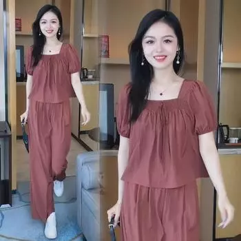 Женский комплект из повседневного топа с квадратным воротником и широких брюк с высокой талией, лето 2024 г. L