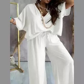 Женский комплект из повседневных однотонных свободных брюк с V-образным вырезом и рукавом «летучая мышь» S белый