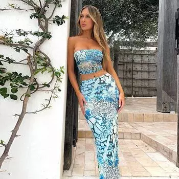 Женский комплект из принтованной облегающей юбки-футляра с облегающим поясом на бедрах S синий