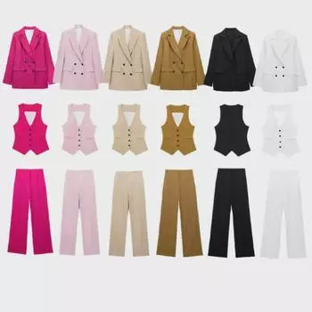 Женский комплект из простого двубортного пиджака и жилета с брюками на осень 2023 г. S