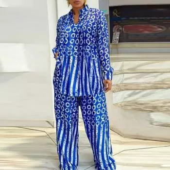 Женский комплект из прямых брюк и топа с V-образным вырезом и длинными рукавами больших размеров M зелёный