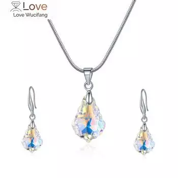 Женский комплект из серег и ожерелья с подвеской в виде капли воды из белого серебра и кристалла Ab