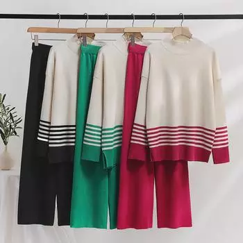 Женский комплект из широких трикотажных брюк и свитера осень/зима 2023 года — эластичный, контрастного цвета, повседневный свободный комплект из двух предметов. Large зелёный